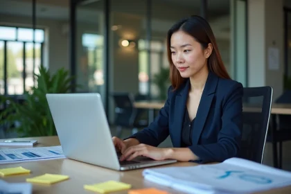 Femme d'affaires consultant un abonnement de veille B2B sur son ordinateur portable dans un bureau moderne