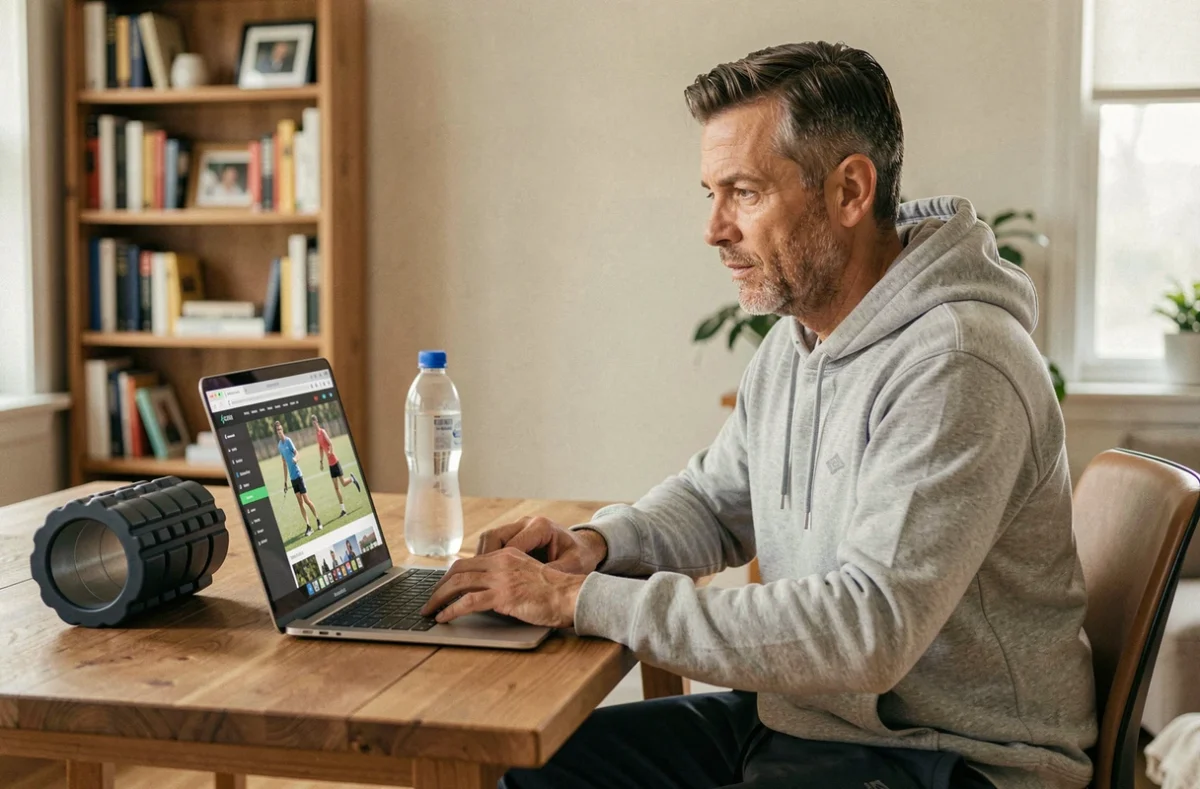 Homme recherchant des alternatives en ligne pour acheter des équipements sportifs depuis chez lui, avec un ordinateur portable et des accessoires de fitness sur un bureau en bois