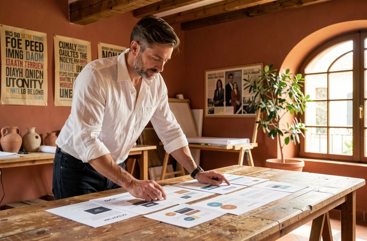 Directeur créatif de l'agence 33 Degrés examinant des maquettes de branding dans un studio chaleureux à Lyon