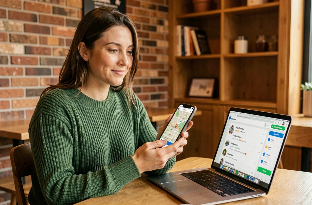 Community manager d'Autour de Moi travaillant sur une plateforme de référencement local et de géolocalisation