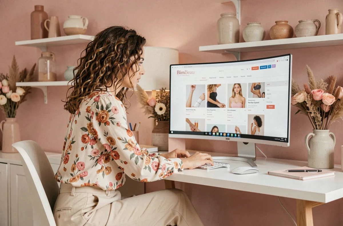 Web designer de BimBeau analysant des maquettes e-commerce beauté sur écran incurvé dans un studio au design élégant