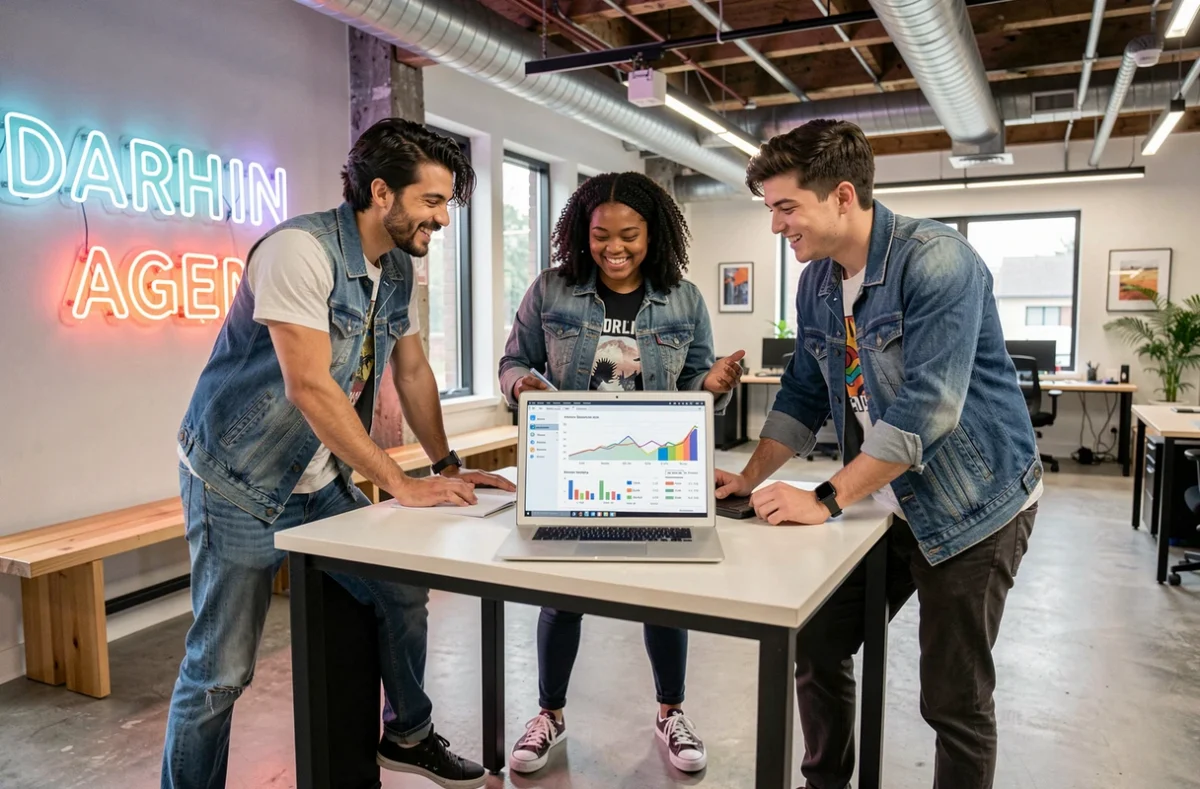 Équipe créative de Darwin Agency réunie autour d'un bureau debout avec des résultats d'analytics affichés sur MacBook