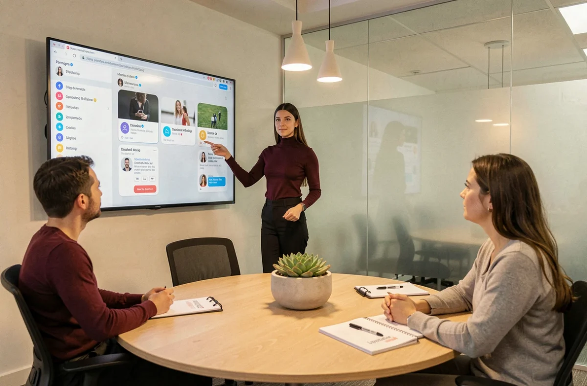 Spécialiste marketing digital de l'agence Digitalissim présentant une stratégie de campagne à son équipe dans une salle de réunion à Lyon