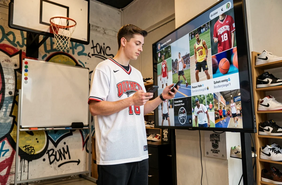 Manager social media de l'Agence Dunk en tenue sportive consultant des campagnes vidéo courtes sur grand écran