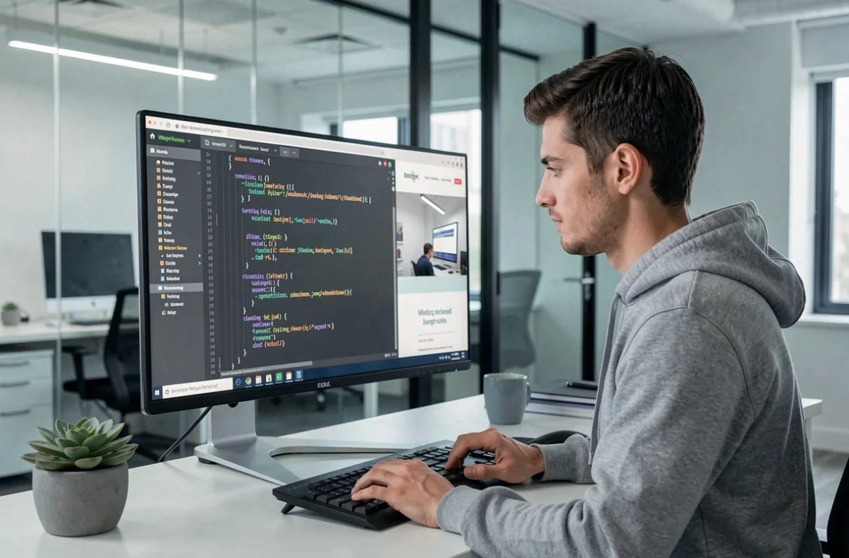 Développeur de l'agence e-Conception concentré sur le code d'un site web responsive
