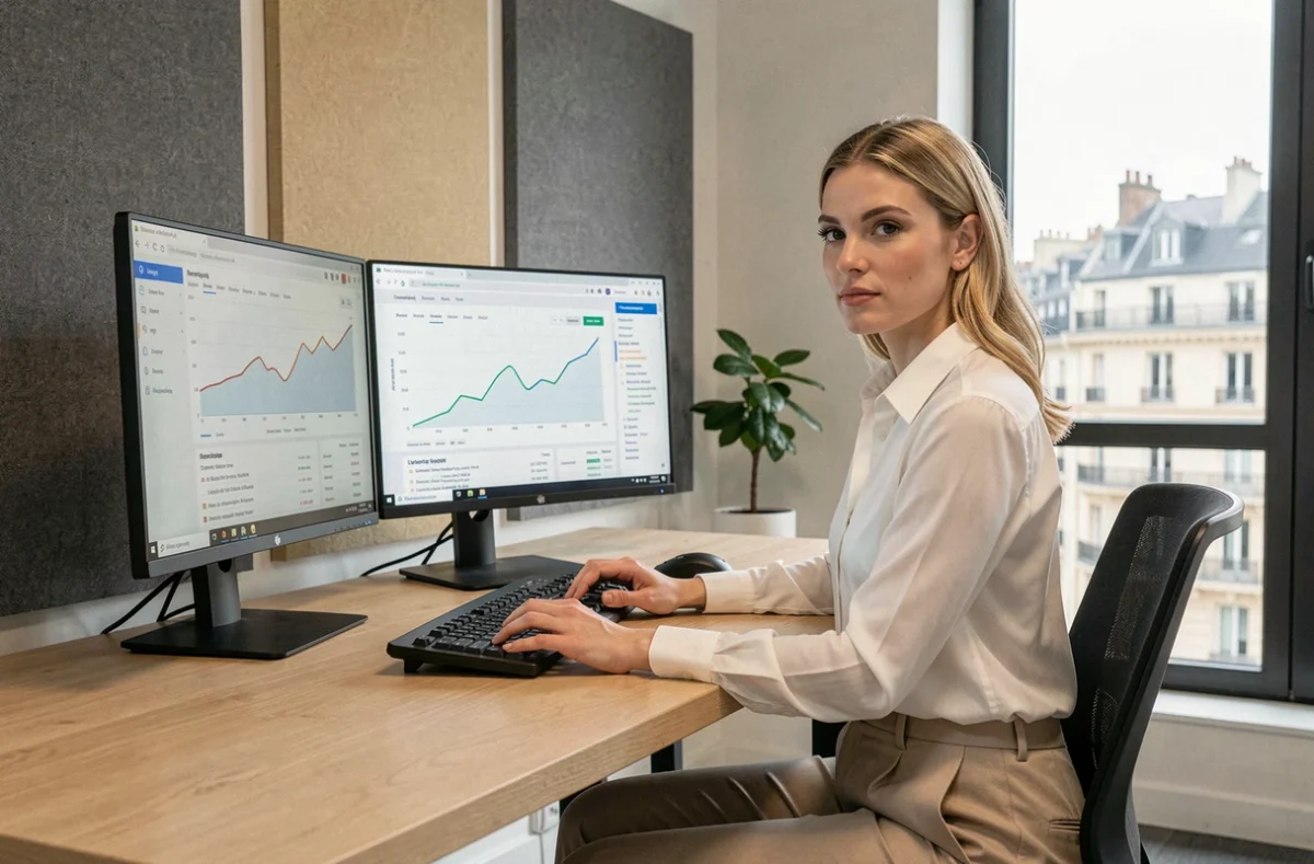 Consultante SEO de l'agence Eskimoz analysant des données de référencement sur deux écrans dans un bureau moderne