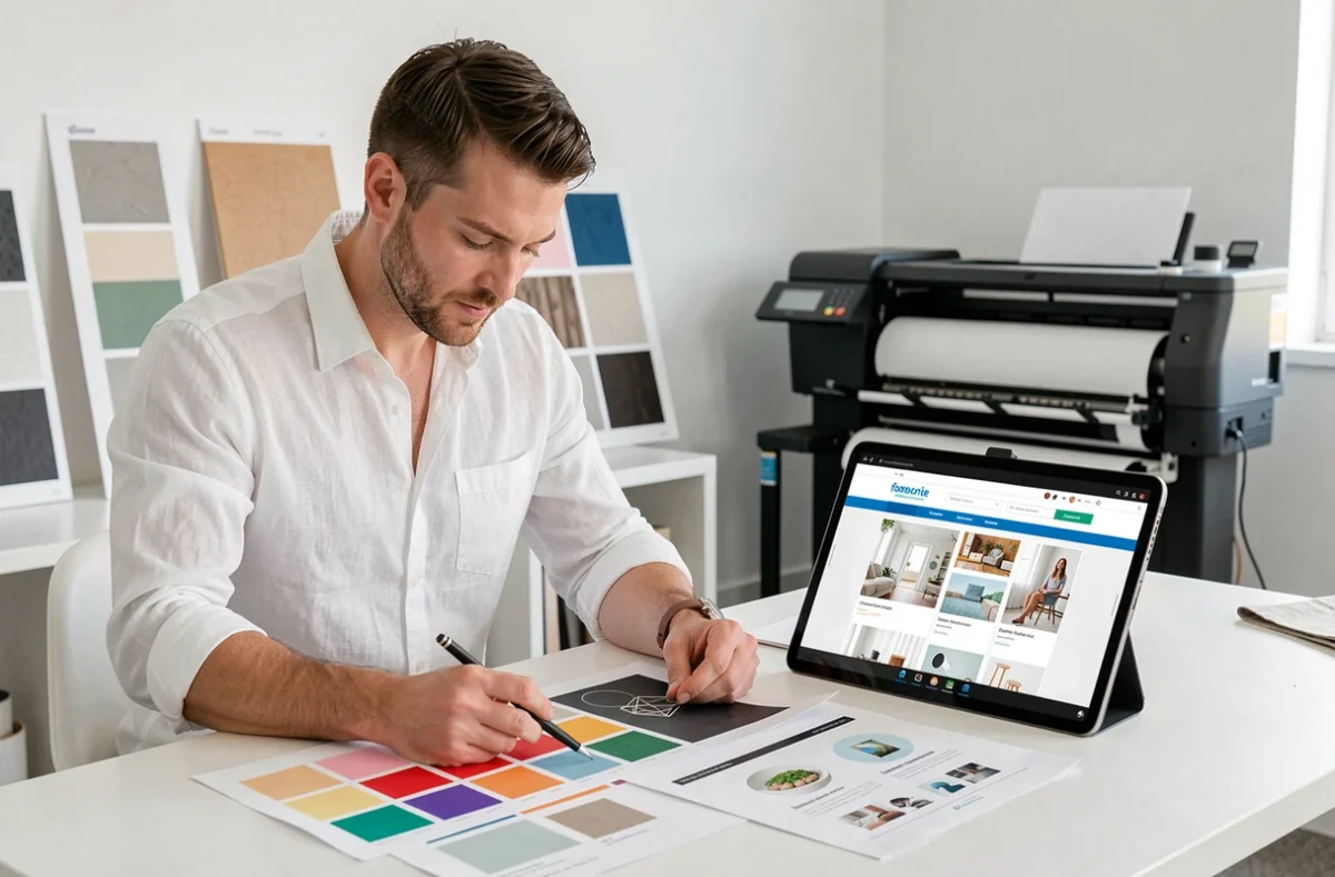 Designer d'Espace Création comparant des épreuves imprimées et la maquette web d'un site e-commerce