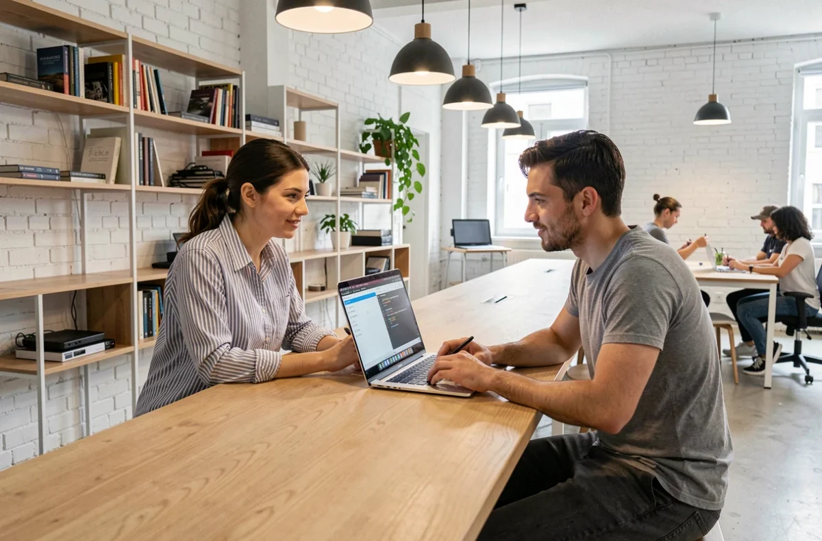 Duo de développeurs de l'agence Galadrim collaborant sur une application web dans un open-space moderne à Lyon
