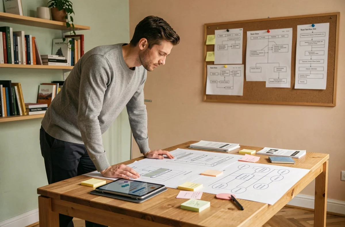 Designer UX de l'agence GentleView travaillant sur des wireframes et prototypes dans un studio créatif à Lyon