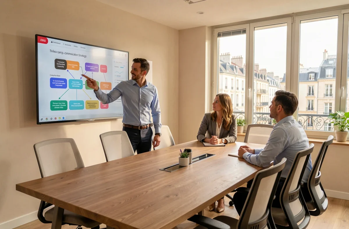 Chef de projet IDCom présentant une stratégie de communication digitale à son équipe