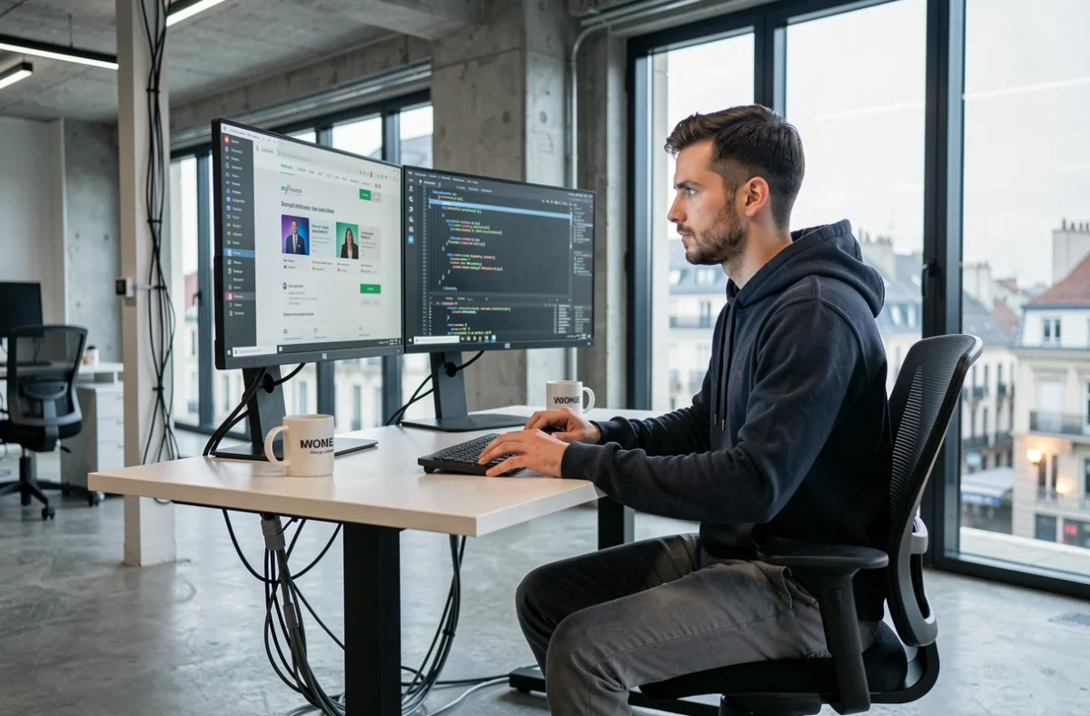 Développeur web de l'agence Linkeo codant un site responsive sur deux écrans dans un bureau au design industriel à Lyon