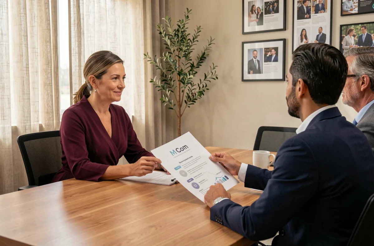 Consultante marketing de M Com présentant une stratégie imprimée à des clients dans une salle de réunion professionnelle