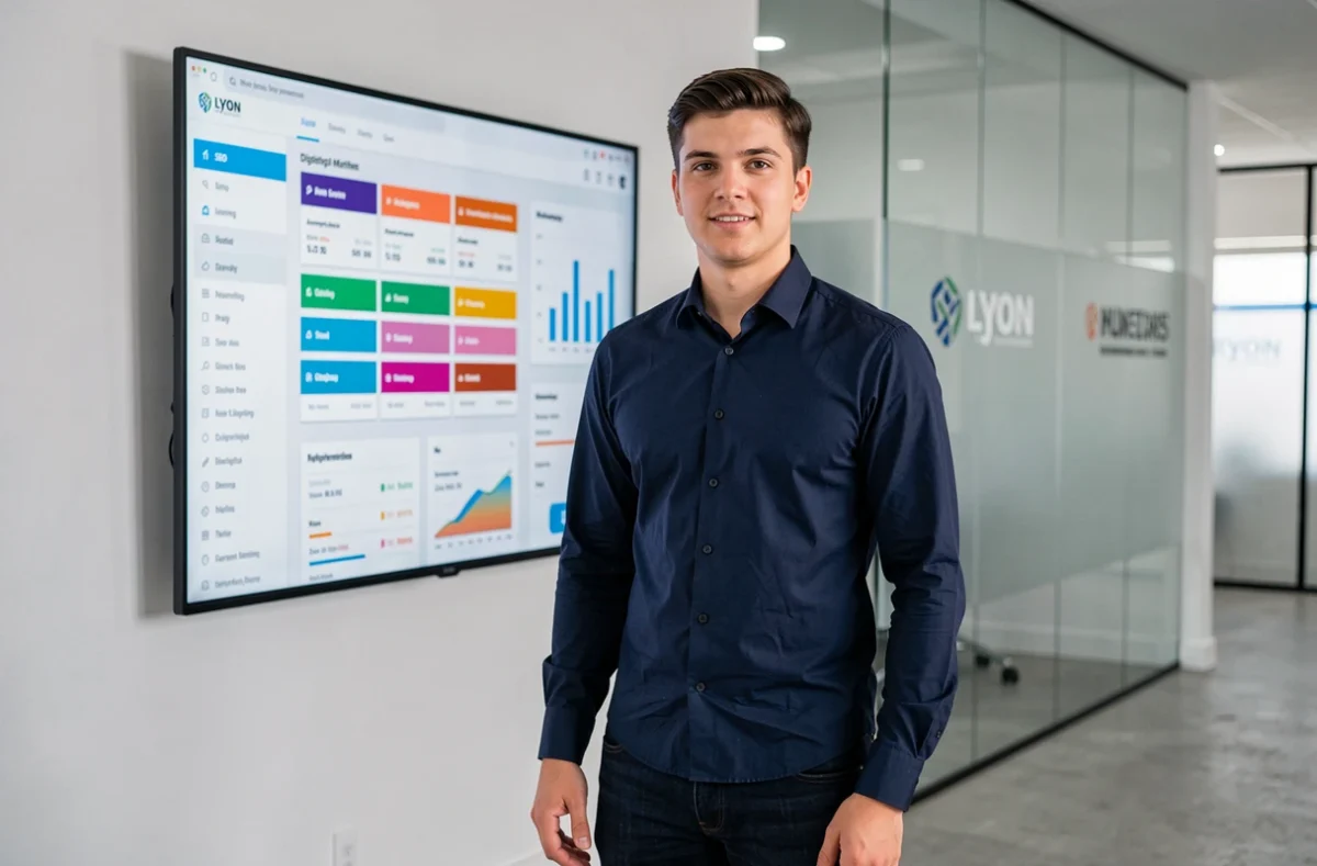 Stratège digital de l'agence Noiise devant un tableau de bord analytique dans un bureau moderne à Lyon