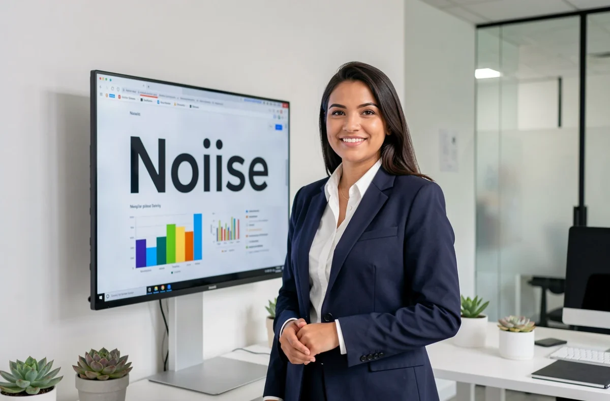Stratège digitale de l'agence Noiise présentant un concept de marque sur grand écran dans un bureau moderne