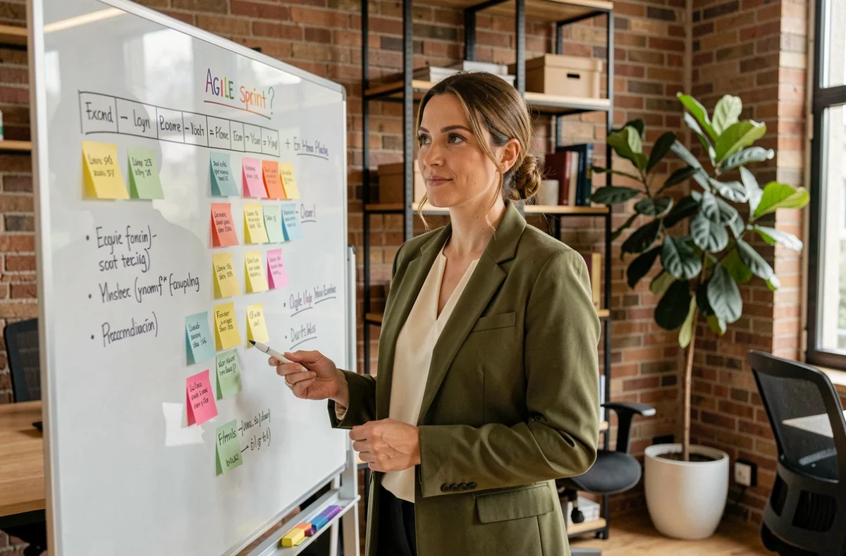 Cheffe de projet de l'agence Pilot'in devant un tableau de planification agile dans un espace de travail collaboratif à Lyon