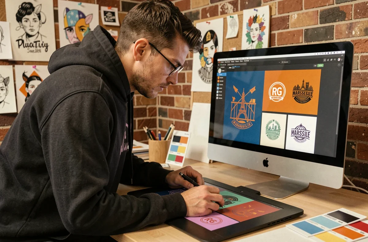 Designer graphique de RG Design travaillant sur une identité visuelle colorée avec tablette graphique dans un studio créatif