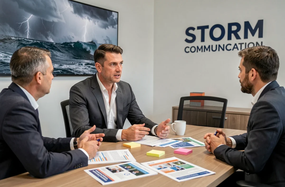 Directeur de communication de Storm Communication en réunion stratégique avec son équipe autour d'une table de travail