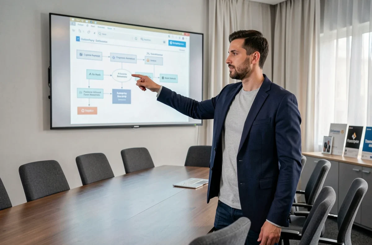 Consultant digital de l'agence Uniflow présentant un schéma d'automatisation à un client dans une salle de réunion professionnelle à Lyon