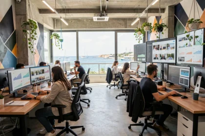 Vue panoramique d'une agence de marketing digital moderne à Marseille avec vue sur la mer et équipes collaborant sur des écrans