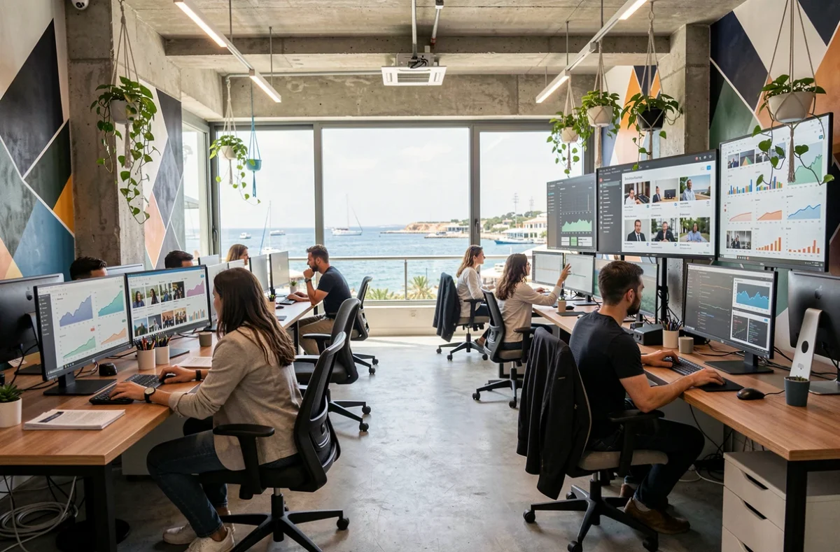 Vue panoramique d'une agence de marketing digital moderne à Marseille avec vue sur la mer et équipes collaborant sur des écrans