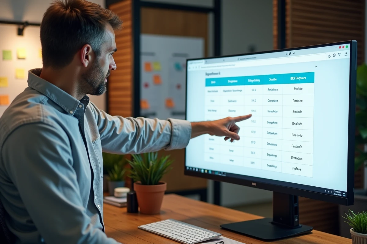 Professionnel analysant un tableau comparatif de plateformes B2B sur un écran mural en bureau startup
