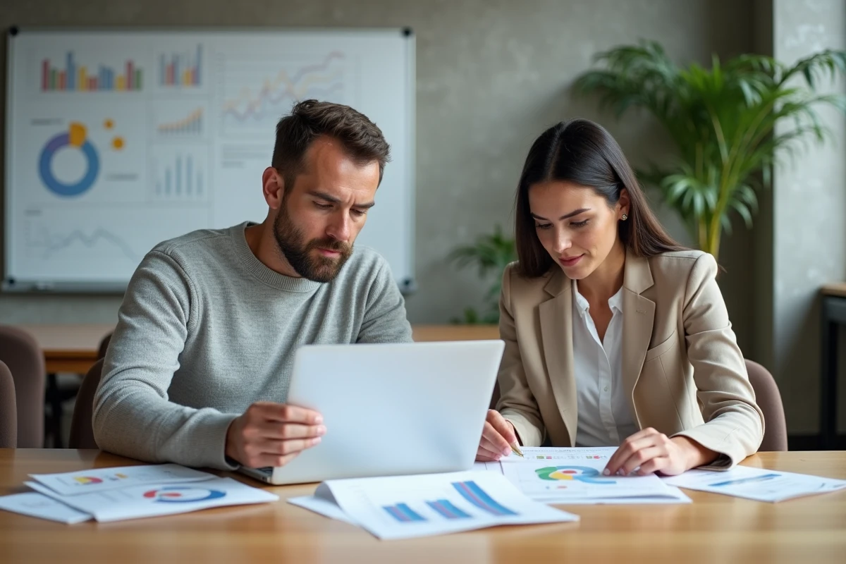 Deux professionnels analysant des données de conversion de leads sur un ordinateur portable en salle de réunion B2B