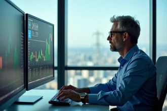 Homme trader d energie concentré devant ses écrans