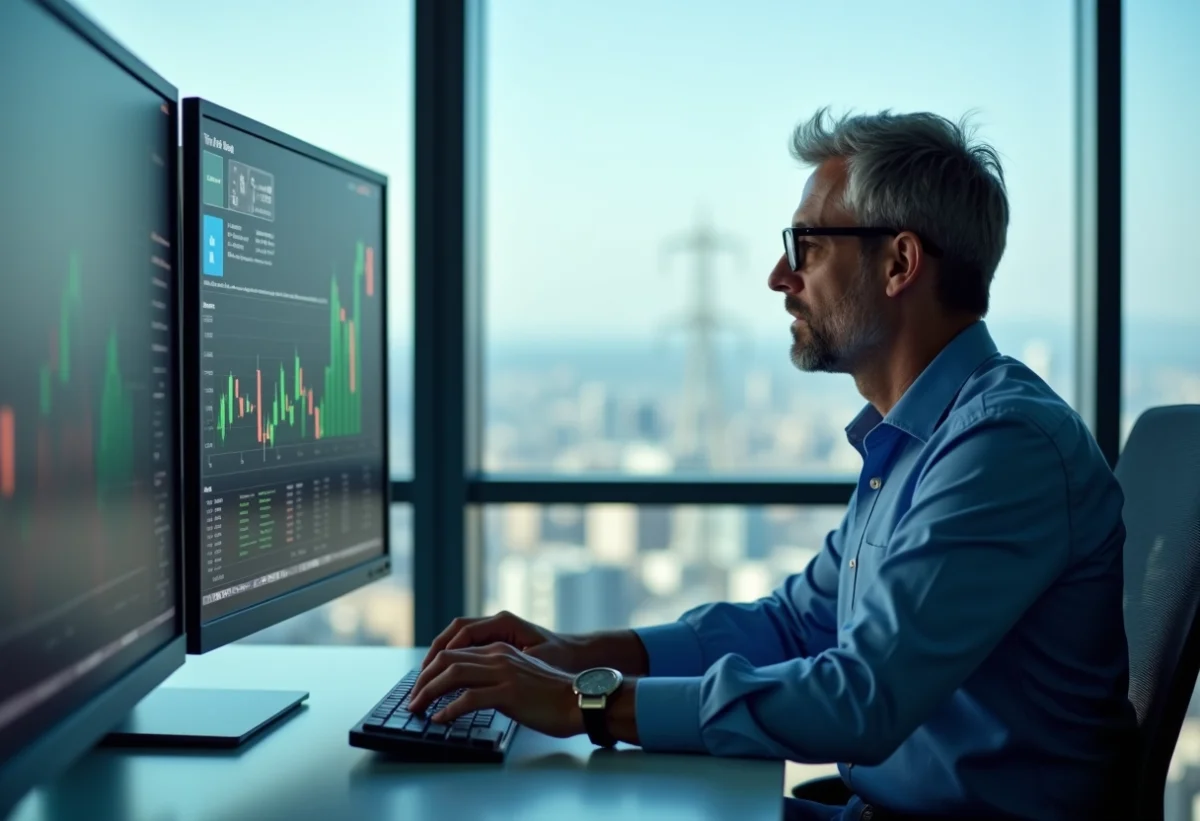Homme trader d energie concentré devant ses écrans