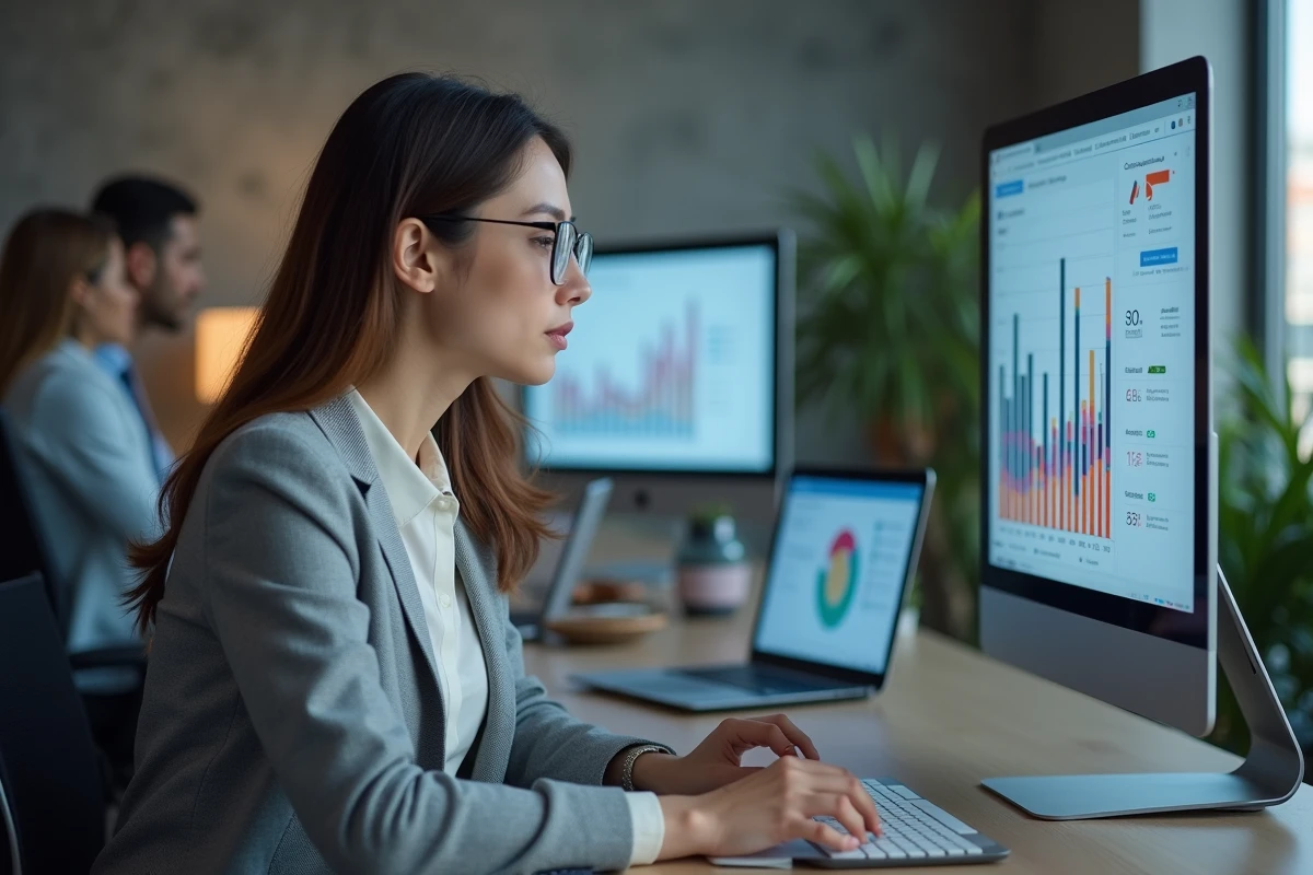 Femme analyste marketing examinant des données de campagne pay per click sur un écran dans un bureau moderne