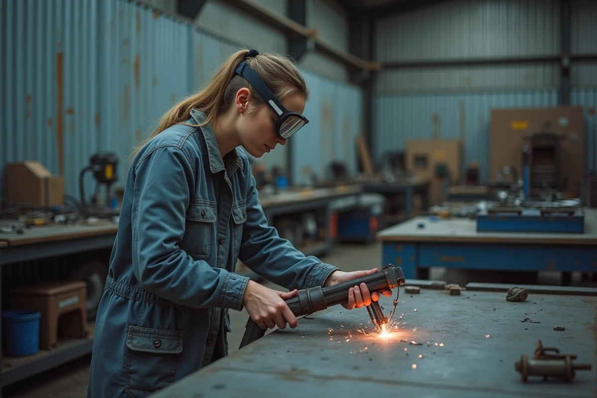 Artisane soudeuse inspectant une structure métallique dans un atelier industriel
