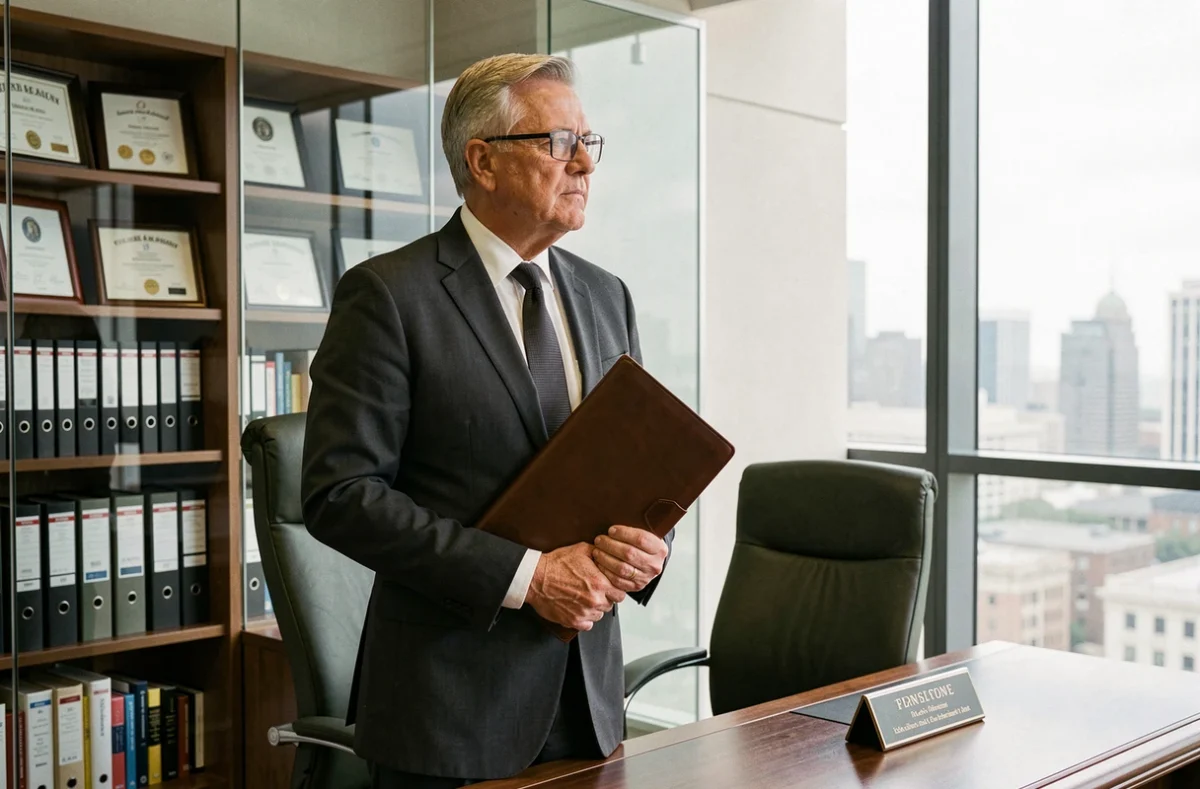 Associé senior d'un cabinet Big 4 dans son bureau privé tenant un dossier d'audit avec une vue urbaine en arrière-plan