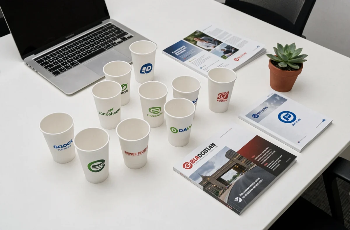 Assortiment de gobelets personnalisés avec logos d'entreprises sur une table de réunion professionnelle