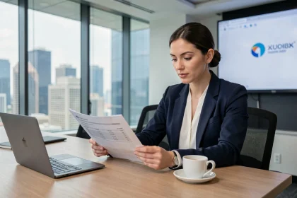 Auditrice professionnelle des Big 4 analysant des rapports financiers dans une salle de conférence moderne