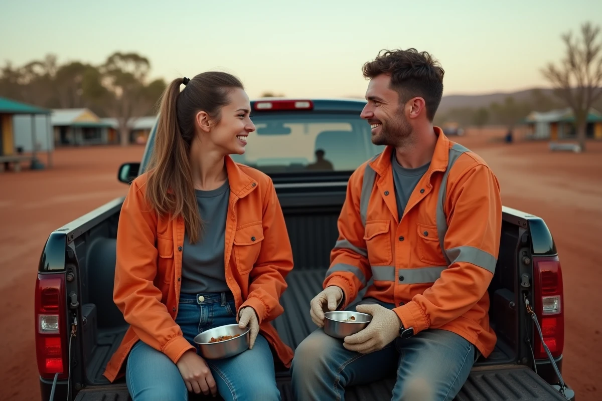 Deux backpackers français se reposant après leur shift dans un camp minier du Queensland