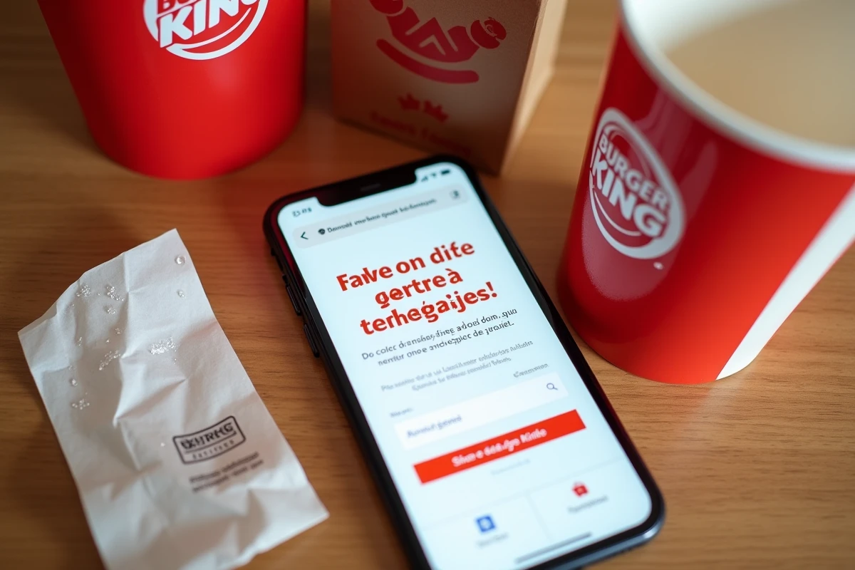 Vue de dessus d'un smartphone affichant le site BKvousecoute.fr avec un code de validation à côté d'un reçu et d'un repas Burger King
