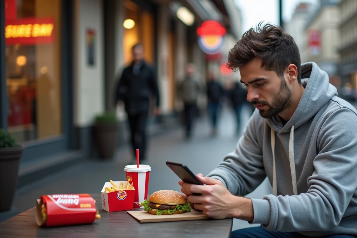 Homme consultant le site BKvousecoute.fr sur son téléphone en terrasse d'un Burger King avec son repas devant lui