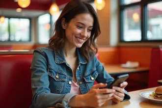 Jeune femme remplissant le questionnaire de satisfaction BKvousecoute.fr sur son smartphone dans un restaurant Burger King