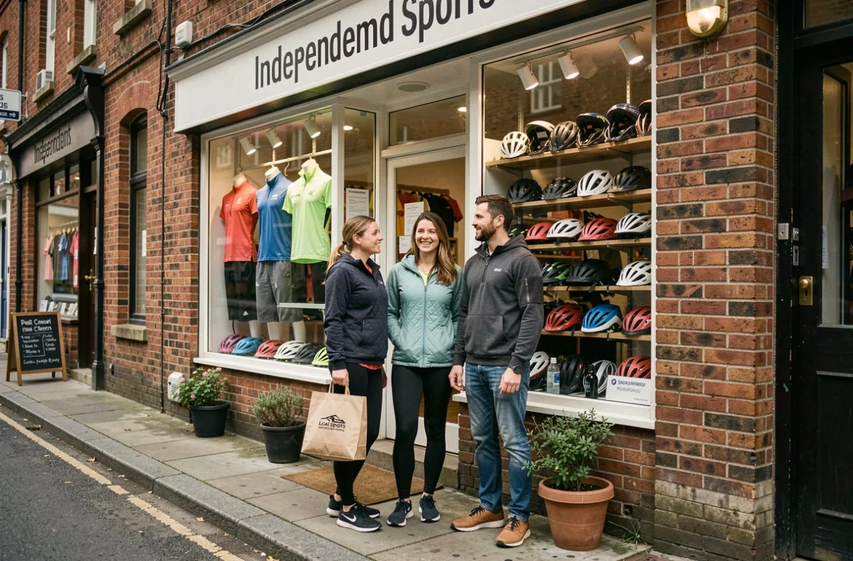 Groupe de sportifs devant une boutique indépendante de sport en ville, montrant les alternatives locales aux grandes enseignes comme Decathlon en 2026