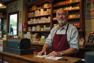 Buraliste français derrière son comptoir dans un tabac parisien tenant un paquet de cigarettes