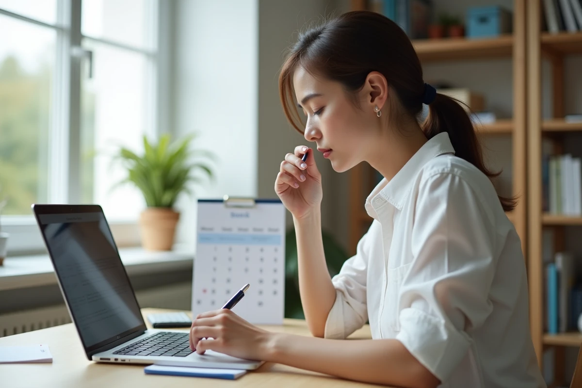 Femme calculant un d&eacute;lai de livraison en jours ouvrables sur un calendrier &agrave; son bureau &agrave; domicile