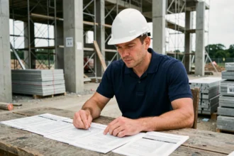 Chef de chantier analysant des documents de comparaison de prix sur un site de construction BTP
