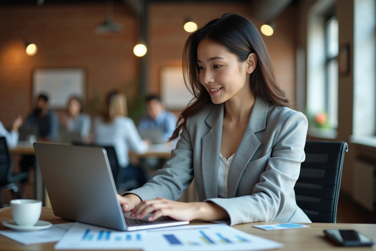 Cheffe de projet immobilier analysant des données d'investissement sur ordinateur portable dans un espace de coworking