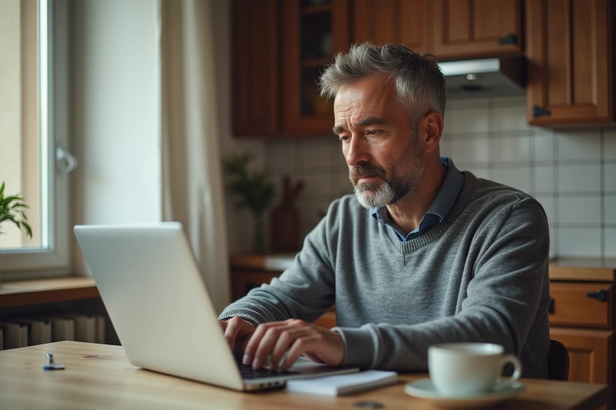 Homme en recherche d'emploi déclarant son activité réduite en catégorie 3 France Travail depuis son domicile