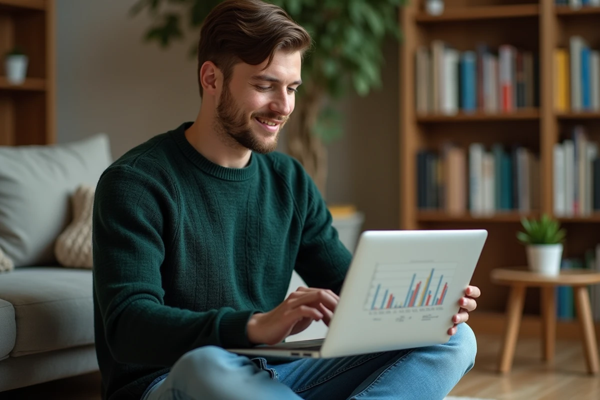 Jeune homme lisant un rapport de statistiques publiques sur son ordinateur portable à domicile