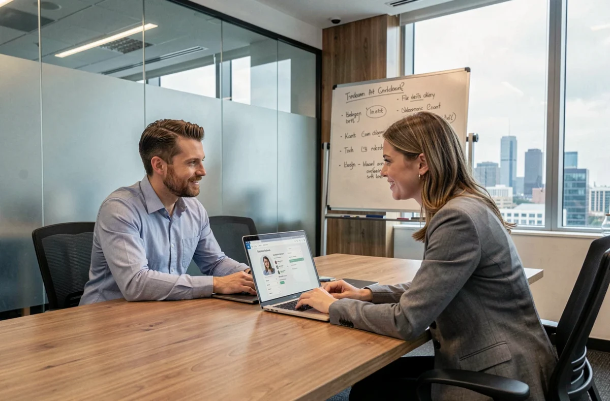 Deux professionnels collaborant pour optimiser un profil sur une plateforme de mise en relation client