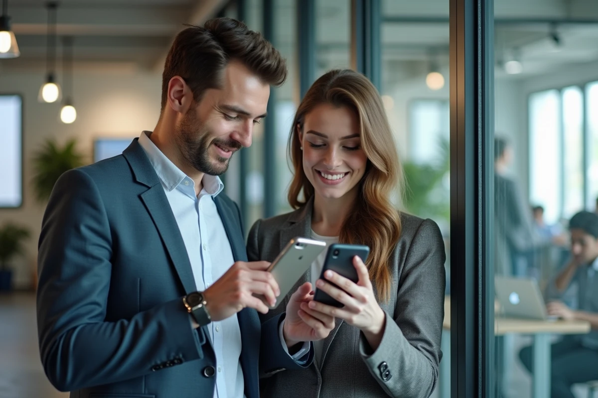 Deux collègues consultant un outil de conversion de mesures sur téléphone mobile au bureau