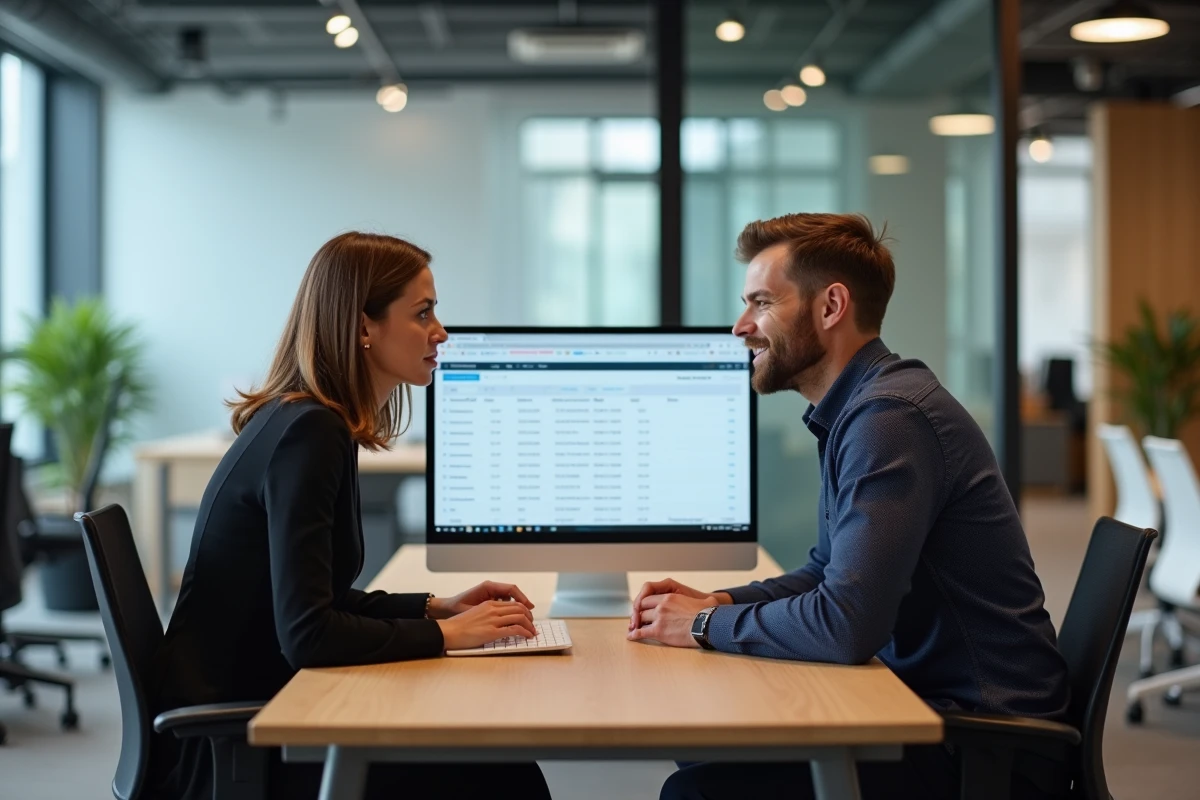 Deux collègues collaborant sur un logiciel de facturation et TVA dans un bureau en open space moderne
