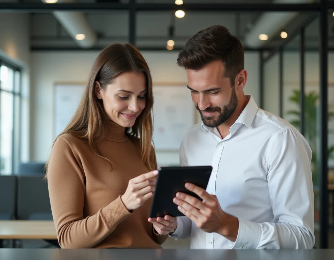 Deux collègues relisant ensemble une formulation de mail professionnel en anglais sur une tablette