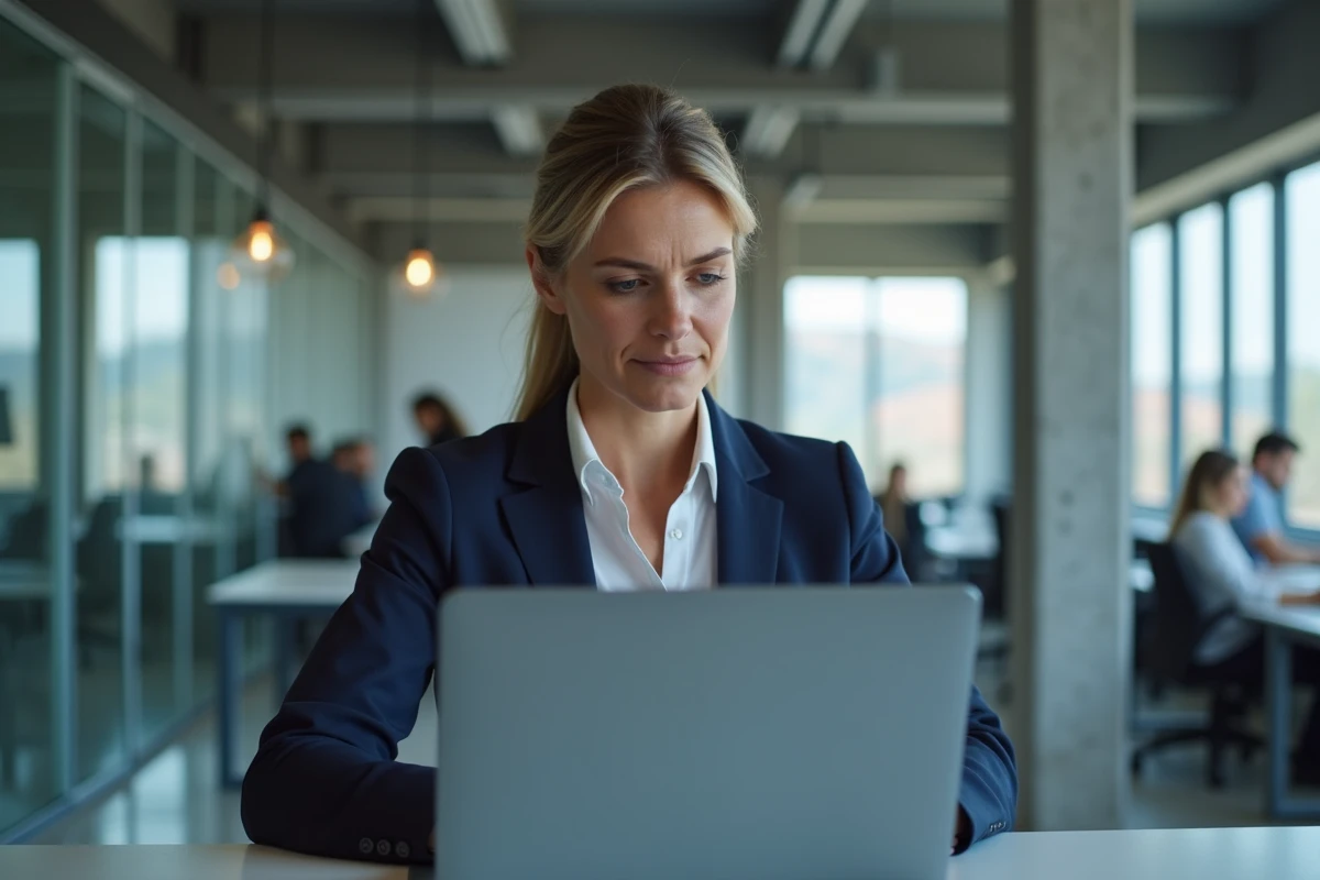 Femme professionnelle comparant deux solutions B2B sur des ordinateurs portables dans un bureau moderne