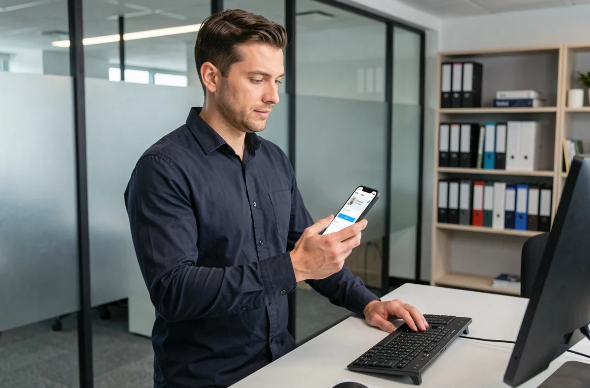 Salarié consultant les étapes de configuration de son espace personnel myPrimobox sur smartphone dans un bureau RH moderne